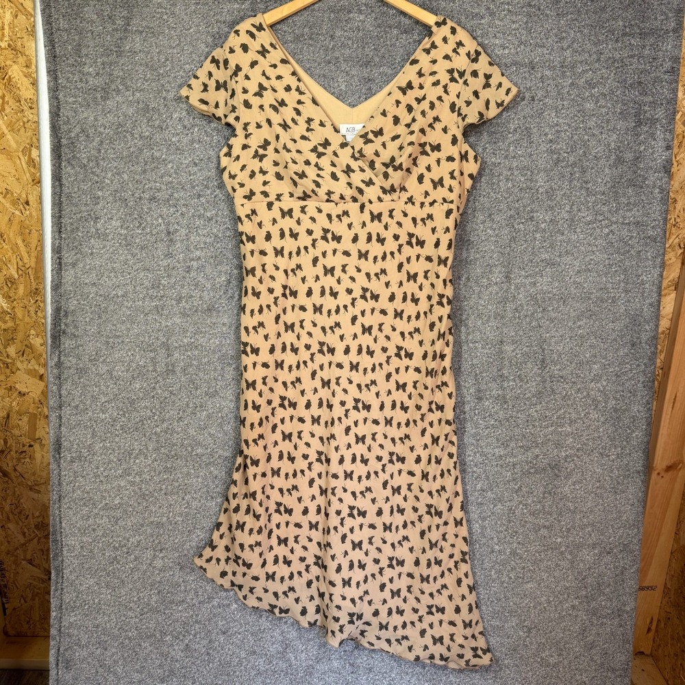 AGB Byer California Dress Butterfly Print Asymmetrical V-Neck Midi Tan Black 16